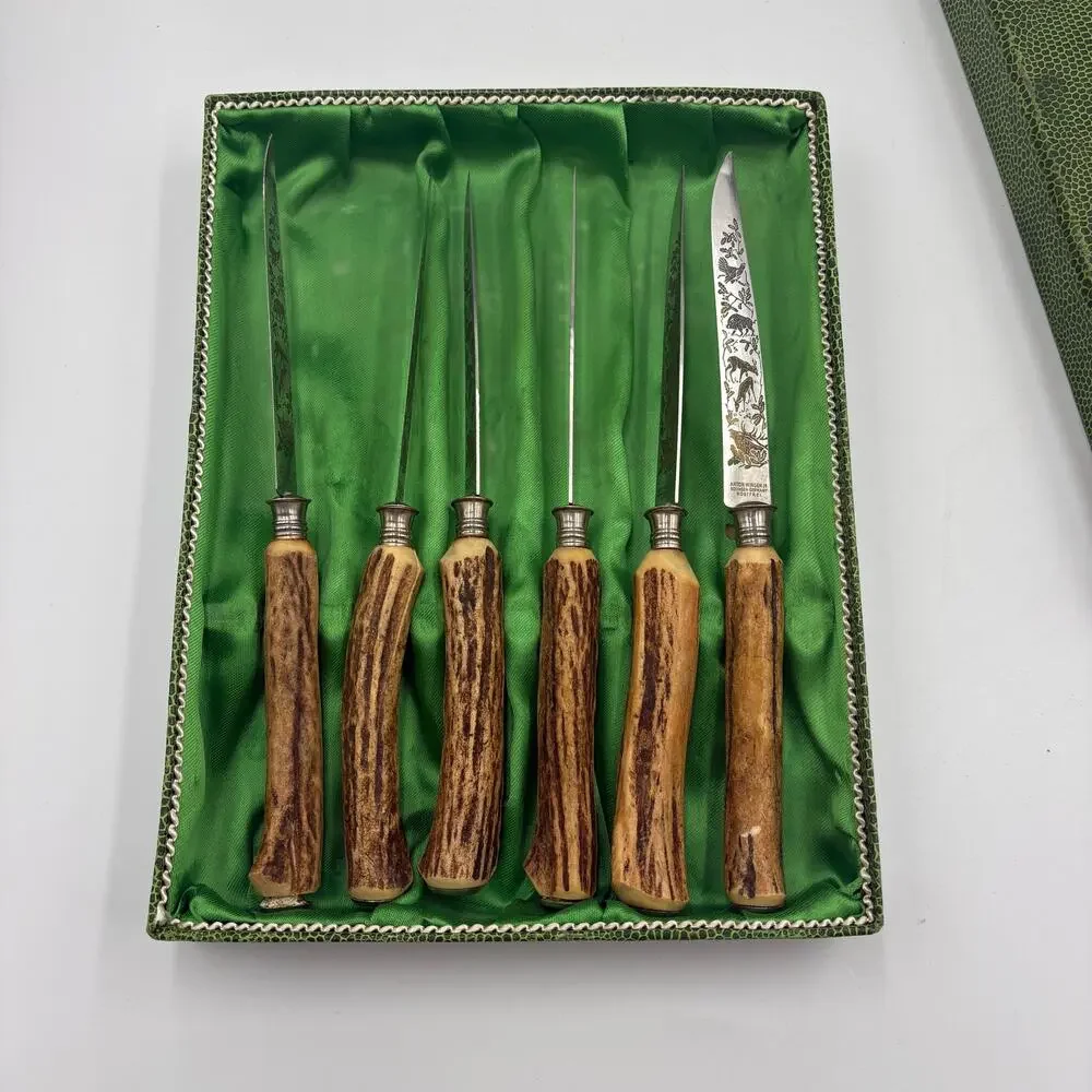 Vintage Anton Wingen Jr. Solingen Carving Steak Knives Stag Horn Handles Steel